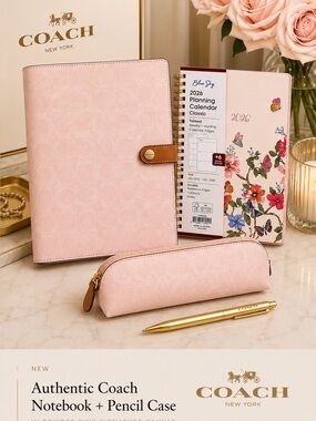 NEW Authentic Coach Notebook + Pencil Case In Powder Pink Signature Canvas NWT